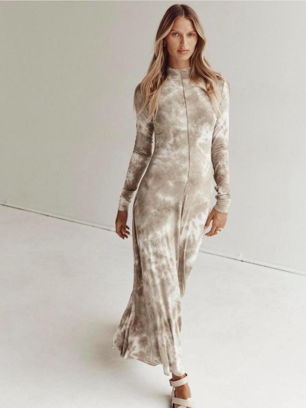 DISSH Long Sleeve Tie-Dye Maxi Dress in Taupe and Cream